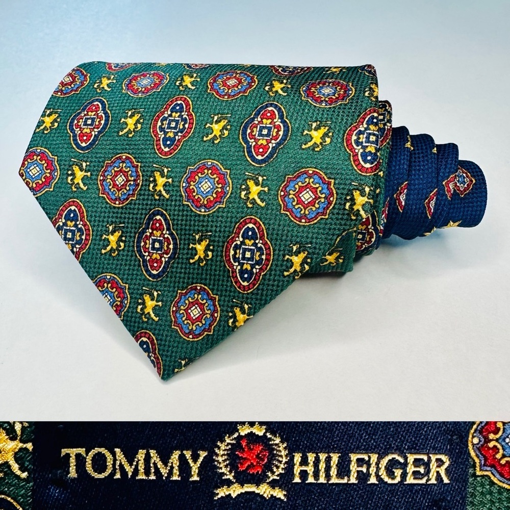Tommy Hilfiger Two-Tone Geometric Patterned Classic Silk Tie, 4” Green & Blue